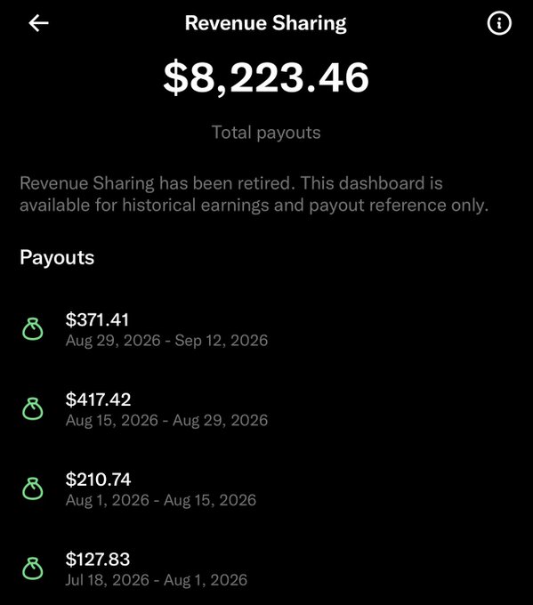 A mobile app screenshot showing a 'Revenue Sharing' dashboard with total payouts of $8,223.46 and a list of individual payouts, noting that the program has been retired.