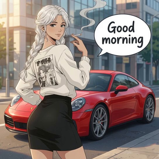 The image features a woman with blonde hair, dressed in a skirt and wearing a white shirt that has Chinese characters on it. She is smoking a cigarette while standing next to a red Porsche sports car parked on the street. The background of the image includes buildings and trees, creating an urban setting for this scene.
