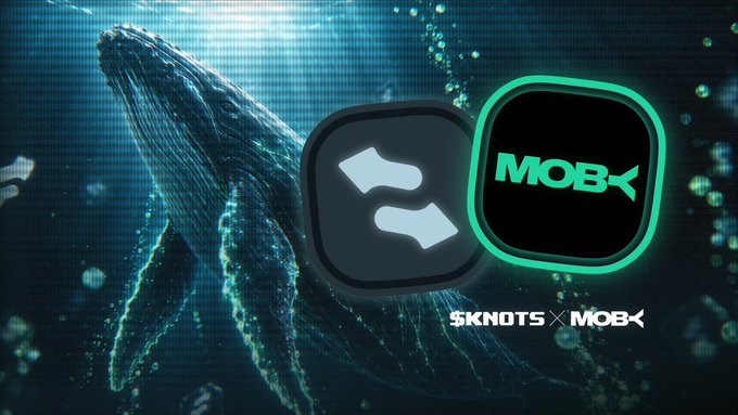 A promotional graphic for "SKNOTS × MOBX" shows two app icons (one with a wave symbol, the other displaying "MOBX" in teal) overlaid on a dark underwater scene featuring a whale.