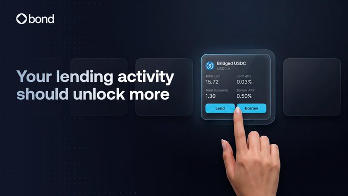 A dark-themed promotional image for the 'bond' app with the tagline 'Your lending activity should unlock more,' showing a hand pressing a 'Lend' button on a Bridged USDC card displaying 0.03% Lend APY and 0.50% Borrow APY.