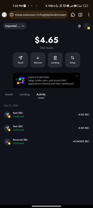 A mobile screenshot of a cryptocurrency wallet showing total assets of $4.65, with Zcash (ZEC) transaction history including sends and a receive of +0.04322 ZEC.