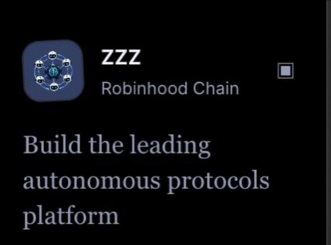 A dark screen displays the ZZZ Robinhood Chain logo with a geometric sphere icon and the tagline 'Build the leading autonomous protocols platform'.