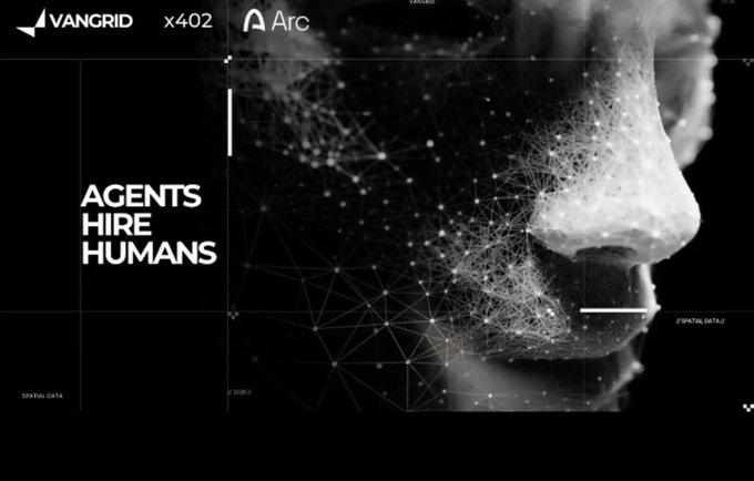 A dark, stylized graphic displays a black and white close-up of a human face overlaid with a digital wireframe mesh, featuring the text 'VANGRID', 'Arc', and the prominent phrase 'AGENTS HIRE HUMANS'.