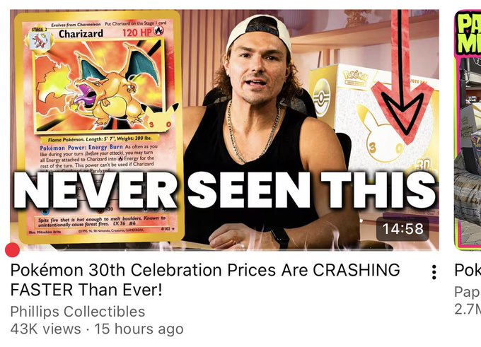 A YouTube video thumbnail by 'Phillips Collectibles' titled 'NEVER SEEN THIS: Pokémon 30th Celebration Prices Are CRASHING FASTER Than Ever!' featuring a 120 HP Charizard card and the creator with long curly hair.
