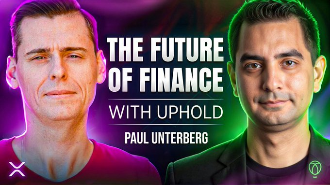 A promotional thumbnail features two men against a dark, neon-colored background with the text "THE FUTURE OF FINANCE WITH UPHOLD" and "PAUL UNTERBERG," promoting an upcoming live discussion about digital finance and crypto adoption.