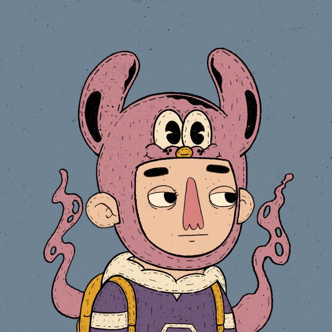 A cartoon character wearing a pink hood with bunny ears and a small perched creature looks tired or unamused, matching the post's "GM" (good morning) message with its weary, half-lidded expression—capturing the feeling of facing yet another day with another unusual idea.
