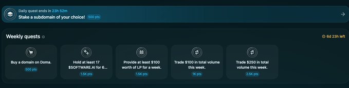 A screenshot of a quest interface displaying a daily quest for 900 points ('Stake a subdomain of your choice') and weekly quests including buying a domain on Doma, holding SOFTW tokens, and trading with various point rewards.