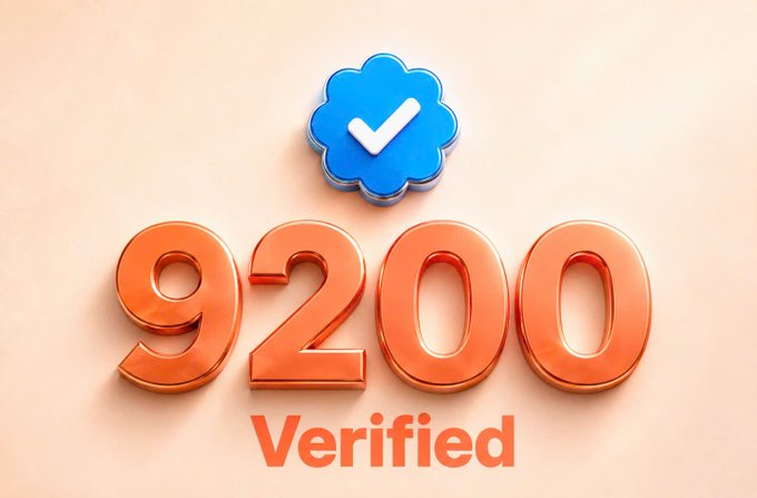 Promotional graphic displaying '9200 Verified' in large orange 3D text with a blue verification checkmark icon above it.