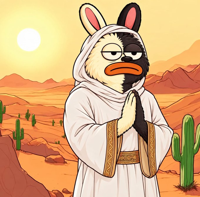 The image depicts a cartoon rabbit dressed in white desert robes with hands clasped in prayer against a desert backdrop with cacti and a sun, humorously resembling a "praying for the airdrop" meme. This relates to the post by visually symbolizing hopeful wallet holders earnestly awaiting the 200,000 $Boro airdrop, with their eyes half-closed in eager anticipation.