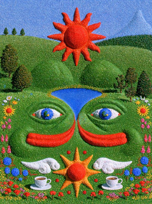 A vibrant, surreal landscape painting with a textured green face featuring eyes made of globes, a blue heart-shaped lake, a red sun, and decorative flowers and clouds.