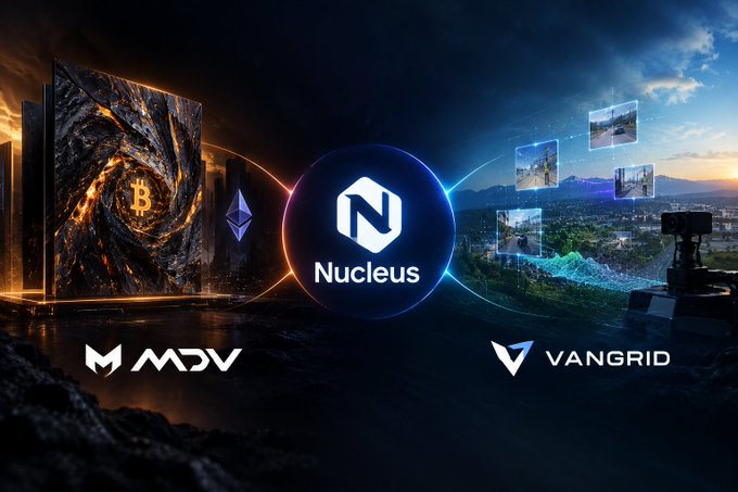 A promotional graphic displays 'Nucleus' at the center between 'MDV' and 'VANGRID' logos, with cryptocurrency imagery including the Bitcoin and Ethereum symbols on a split orange and blue background.