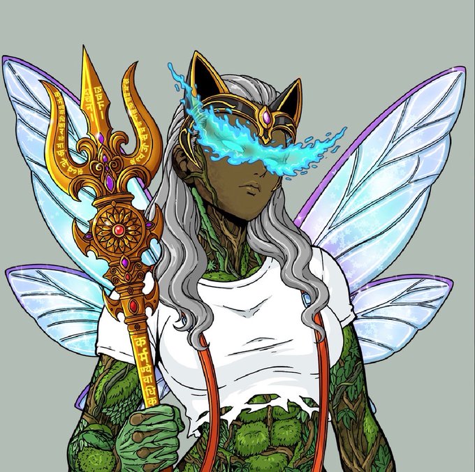 A fantasy illustration depicts a character with long white hair, a white t-shirt, and glowing blue flames emanating from where their eyes should be, holding a golden trident adorned with red gems and ancient script, and sporting large translucent butterfly-like wings.
