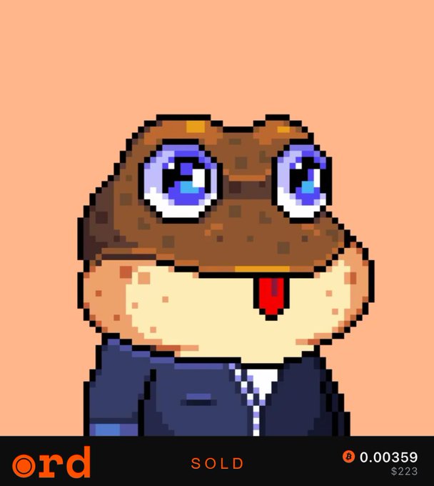 A pixel art portrait of a brown frog character in a suit with large purple eyes and its tongue out, marked 'SOLD' for 0.00359 ($223) on what appears to be the OpenSea marketplace.