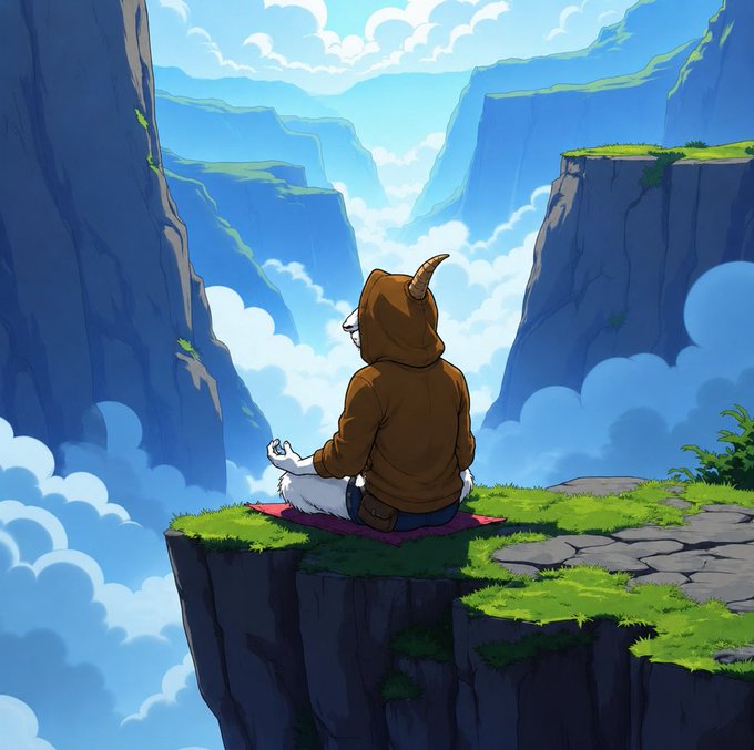 A goat character in a brown hooded robe sits in a meditative pose on a cliff edge, overlooking a vast canyon filled with clouds—evoking a sense of higher vision and purposeful intent that mirrors the post's message of manifesting rather than merely imagining. The contract address "0x81eff6a53419ee506f80ab91646e984082da0ba3" is displayed as the token's on-chain signature.