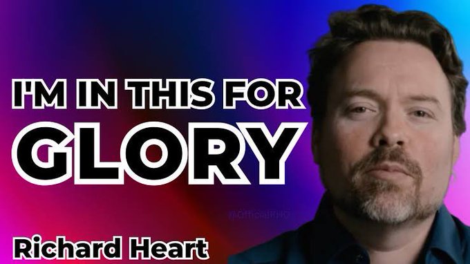 An image features Richard Heart on the right side against a purple and blue gradient background, with bold text reading "I'M IN THIS FOR GLORY" on the left and "Richard Heart" at the bottom. The image aligns with the post's appreciation message, visually reinforcing the admiration expressed toward Richard Heart and his crypto-related projects, including $hex, $pls, $plsx, $inc, $prvx, and #Pulsechain.
