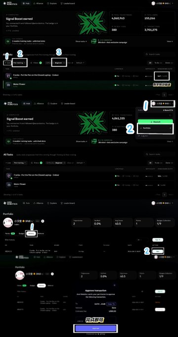 Two screenshots of a Signal Boost mining interface on the MEXC exchange showing earnings of around 4,961 tokens, with numbered annotations highlighting buttons for enabling the product and confirming subscriptions to lock up MX tokens.
