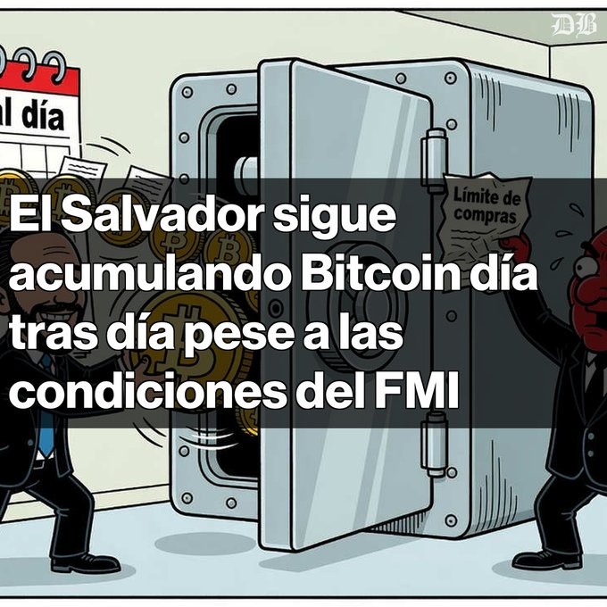 Cartoon illustration showing figures putting Bitcoin into a vault, with Spanish text: 'El Salvador sigue acumulando Bitcoin día tras día pese a las condiciones del FMI'.