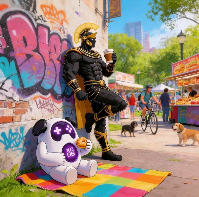 An illustration of a superhero and a robot on a colorful blanket near a graffiti wall, while a cyclist and dogs walk by a food stand in a park setting.