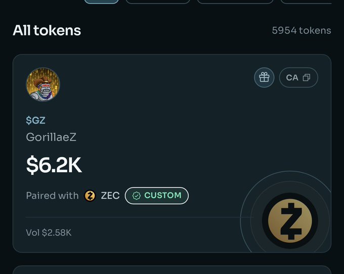 Screenshot of a token tracker interface showing 'All tokens' (5954 tokens) with a token named 'GorillaeZ' ($GZ) valued at $6.2K, paired with ZEC, showing a volume of $2.58K and a Zcash logo.