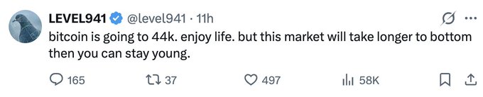 A tweet from verified user LEVEL941 (@level941) reading 'bitcoin is going to 44k. enjoy life. but this market will take longer to bottom then you can stay young.' with 58K views.