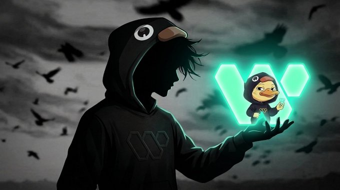 An anime-style illustration of a hooded figure wearing a crow/bird mask holding a glowing green hexagonal emblem with a cartoon bird character inside, set against a stormy sky with flying crows.