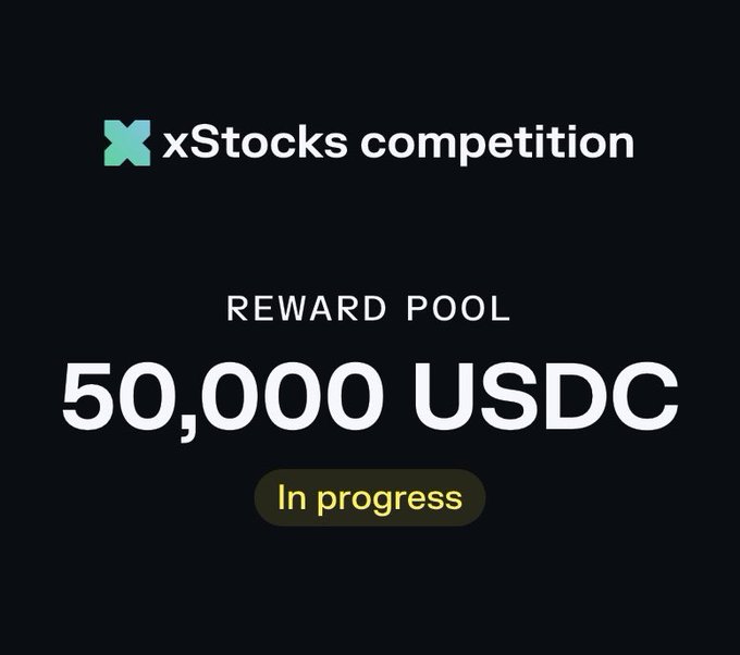 The image displays an "xStocks competition" announcement with a reward pool of 50,000 USDC, currently marked as "In progress." The accompanying post reveals the competition rewards the top 100 wallets, encouraging participants to hold rather than overtrade xStocks for the next 5 weeks.