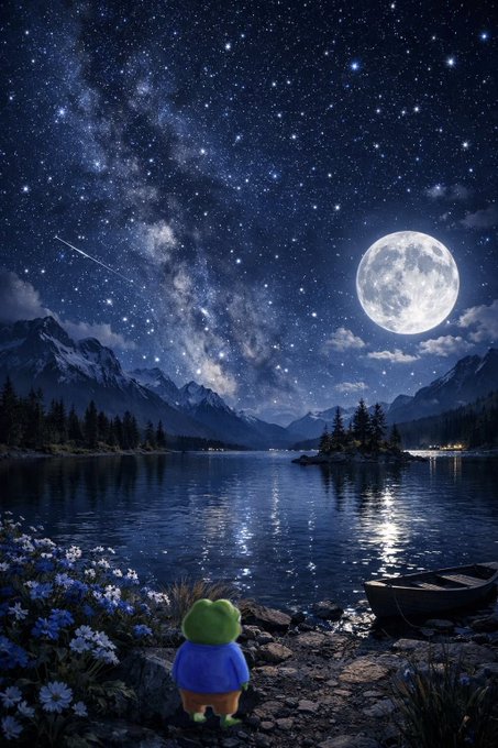 The image features a night scene with a full moon, stars, mountains, water, flowers, and a boat. A small frog character is sitting by the water's edge, looking up at the sky. The background of the photo includes a large portion of the sky filled with stars, creating an enchanting atmosphere. The overall composition of the image suggests that it was taken during the night or under a dark sky, which adds to the sense of wonder and tranquility in the scene.