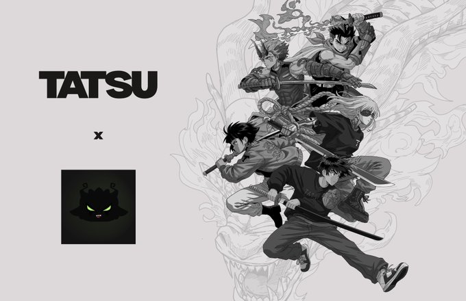 Promotional graphic announcing a collaboration between TATSU and Nibblins, featuring the "TATSU" text alongside a small Nibblins character logo on the left, and an illustration of five sword-wielding anime-style samurai characters emerging from a dragon backdrop on the right. The design visually represents the partnership mentioned in the announcement about securing spots for Nibblins' upcoming mint with a GA for Tatsu holders.