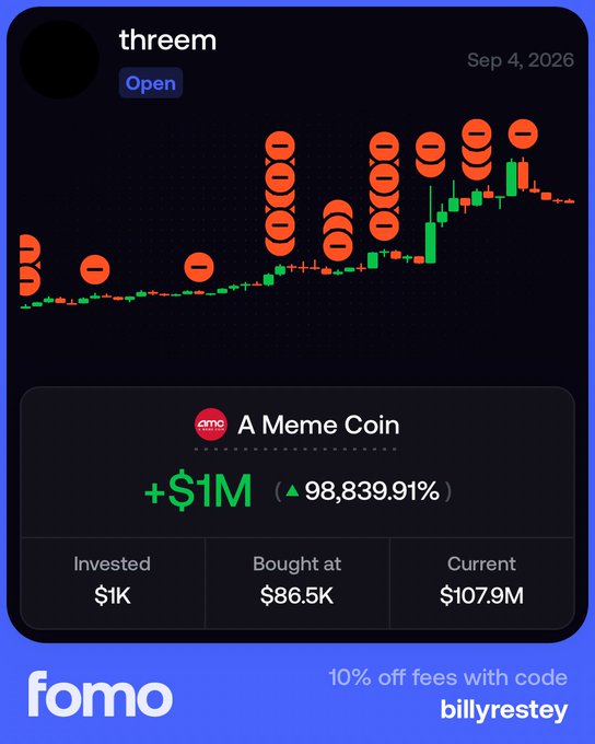The image shows a Fomo app portfolio entry for the meme coin "threem" (CMC), which has surged +98,839.91% from a $1K investment to $107.9M, illustrating the post's claim of turning $1K into life-changing money as the token rocketed from near zero to $135M in hours.