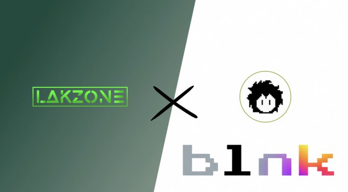 A promotional graphic with a split green and white background showing the logos 'LAKZONE' and 'b1nkt' alongside a black 'X' mark and a circular pixelated character icon.