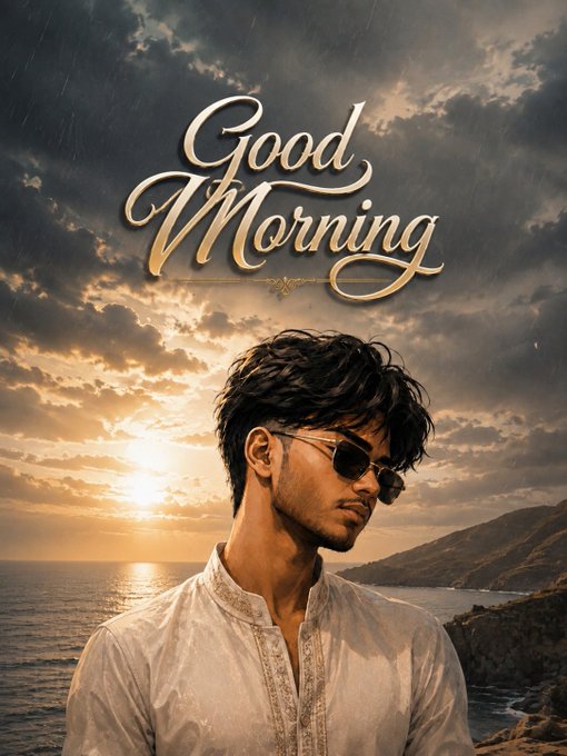 An artistic poster featuring a young man wearing sunglasses against a sunset coastal backdrop with elegant gold script reading 'Good Morning'.