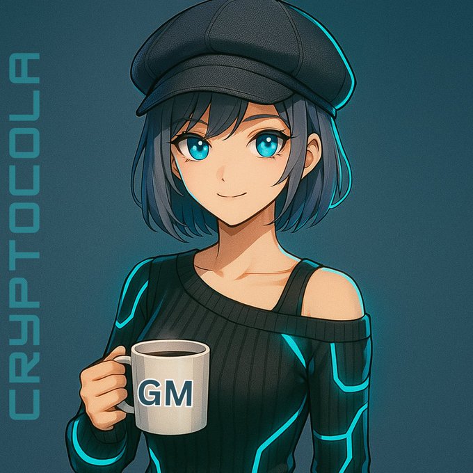 An anime-style illustration of a young woman with short blue hair and a black newsboy cap, wearing a black sweater with cyan glowing accents, holding a white mug that reads 'GM' with the text 'CRYBTCOLA' vertically on the left.
