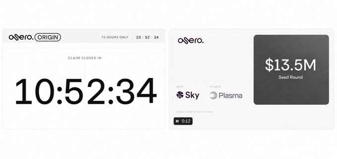 Two interface panels from 'O0ero' showing a countdown timer reading '10:52:34' for claim closure, and another panel indicating a '$13.5M Seed Round' with options for Sky and Plasma.