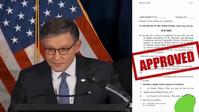 The image shows a man in a suit and glasses speaking at a podium with an American flag behind him, alongside a document titled "AMENDMENT" referencing "H.R. 3633" with a large red "APPROVED" stamp overlaid on it. The "APPROVED" stamp visually reinforces the accompanying post about the White House reviewing the bipartisan CLARITY Act, symbolizing a key regulatory advancement for the U.S. crypto industry.