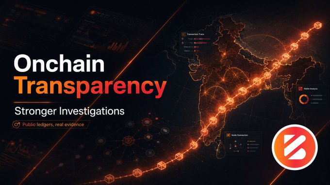 A promotional graphic titled 'Onchain Transparency - Stronger Investigations' featuring 'Public ledgers, real evidence' alongside a glowing orange digital map of Asia and network nodes.