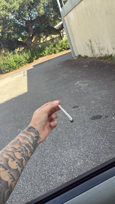 A tattooed arm holds a lit cigarette out of a car window over a paved area with greenery and a building in the background.
