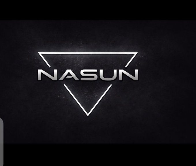 A metallic silver logo displays the word 'NASUN' inside a glowing white triangular outline against a dark, textured background.