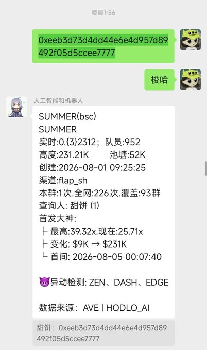 A WeChat chat screenshot shows a user searching for the token SUMMER (BSC), receiving detailed bot data including a real-time price of 0.3, market cap of $231K, liquidity of $52K, and 952 holders, along with the contract address 0xeeb3d73d4dd44e6e4d957d89492f05d5ccee7777 highlighted at the top and bottom. The post references this same token and contract address, suggesting Binance (or a related party) may be promoting or launching the SUMMER coin giveaway.