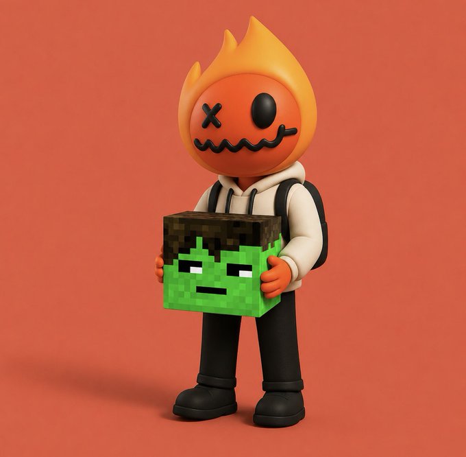 A 3D rendered character with a stylized pumpkin head, X-shaped eyes, and a wide stitched smile wears a white hoodie and black pants, holding a green Minecraft zombie head block.