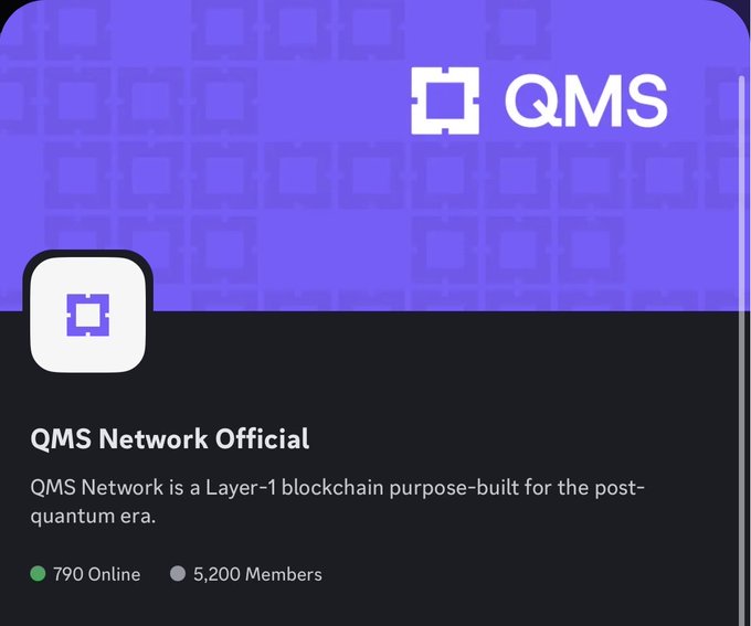 A Discord server page for 'QMS Network Official' shows a purple header with the QMS logo and chip icon, describing it as 'a Layer-1 blockchain purpose-built for the post-quantum era' with 790 online users and 5,200 members.