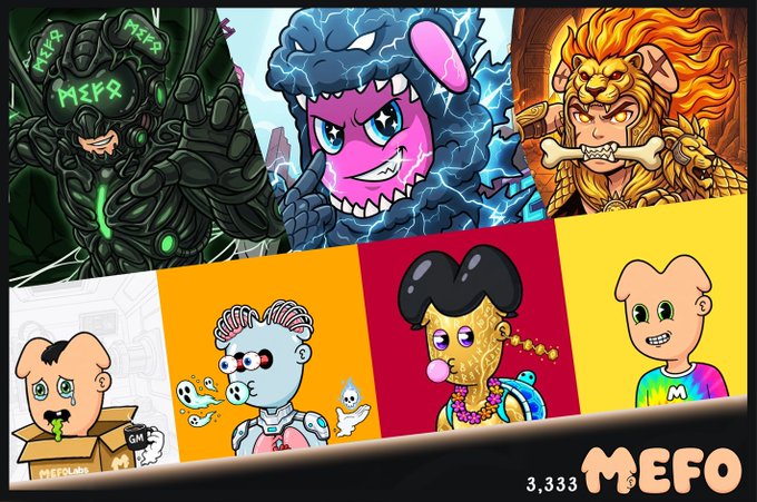 A collage of six cartoon-style NFT illustrations including a green mecha suit, a blue dragon, a lion warrior, a dog in a box, a scientist, and a character with bubble gum, labeled 'MEFO' with the number '3,333' at the bottom right.