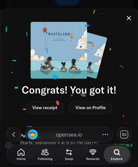 A celebration screen displays "Congrats! You got it!" with two stacked "Wasteland" NFT cards featuring cartoon characters fishing in boats. The interface shows buttons for "View receipt" and "View on Profile" on opensea.io, celebrating Max's successful mint of the Wasteland NFT.