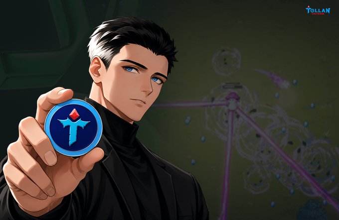 An anime-style illustration shows a dark-haired man with blue eyes holding up a blue circular badge featuring a stylized "T" with a red diamond accent, set against a cosmic background with purple orbital rings. The "TOLLAN UNIVERSE" watermark appears in the top right corner, tying into the post's promotion of the Tollan Universe Badge campaign on AbstractChain.