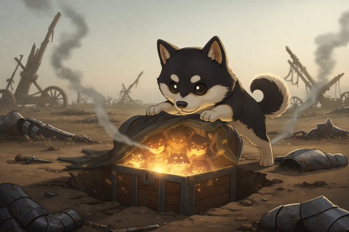"Gem" refers to a small black and white dog sitting inside an open chest, which has three other dogs inside of it. The chest is located in a desert setting with smoke rising from it. The post also mentions that "Gem belongs to all." This could be interpreted as the chest containing multiple dogs or something else related to the chest being shared by everyone.