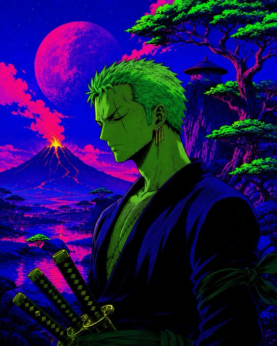 A stylized digital illustration of a green-haired samurai character in profile, holding three swords, set against a vibrant neon landscape featuring a large pink moon, erupting volcano, and Japanese-inspired pagoda and bonsai trees.