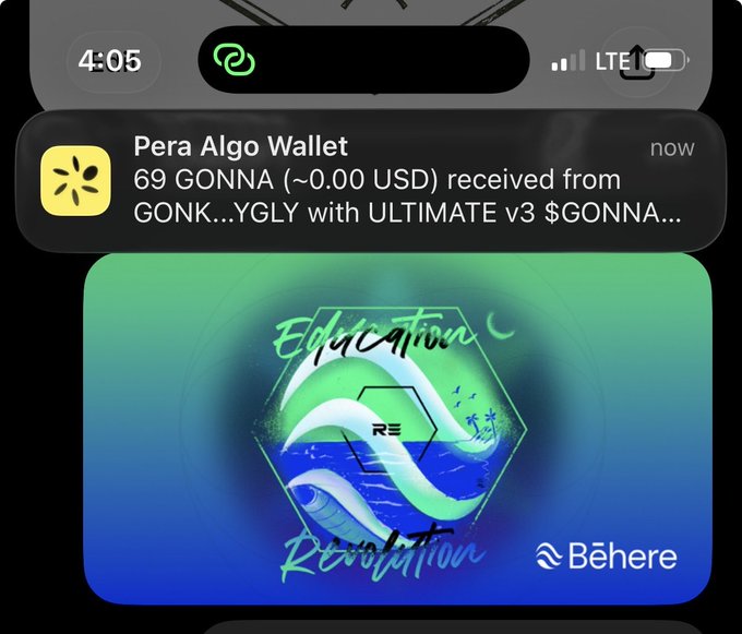 The image shows a phone screen displaying an email notification from Pera Algo Wallet. The email contains information about a new Pera wallet that has been released, which can be accessed through the Pera wallet app. The email also mentions that users have received $GONNA as a reward for using the Pera wallet. The background of the image is blue and green with white text on it.