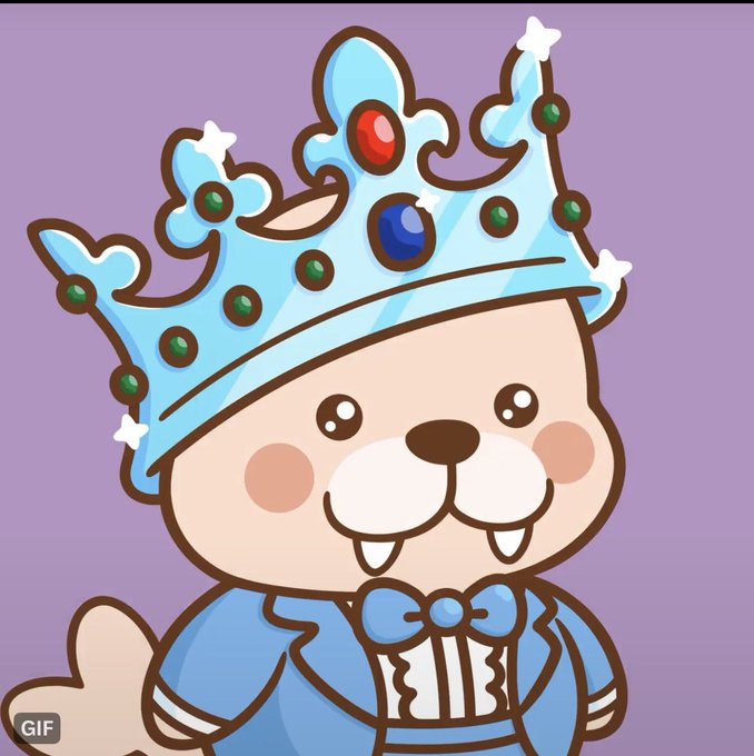 A cartoon illustration of a cute bear-like character wearing a blue jacket, a blue bow tie, and a large light blue jeweled crown, with 'GIF' text in the corner.
