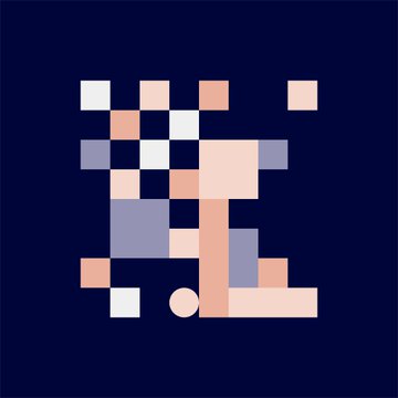 A low-resolution, pixelated image of a figure in shades of tan and gray against a dark blue background, resembling a small mosaic.