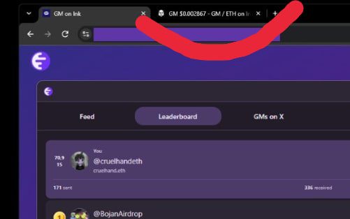 A screenshot of a cryptocurrency leaderboard website showing tabs for 'Feed', 'Leaderboard', and 'GMs on X', with a user '@cruehandeth' ranked with 79.9 and 171 points; a red arrow is drawn pointing to a browser tab labeled 'GM $0.002867 · GM / ETH on i'.