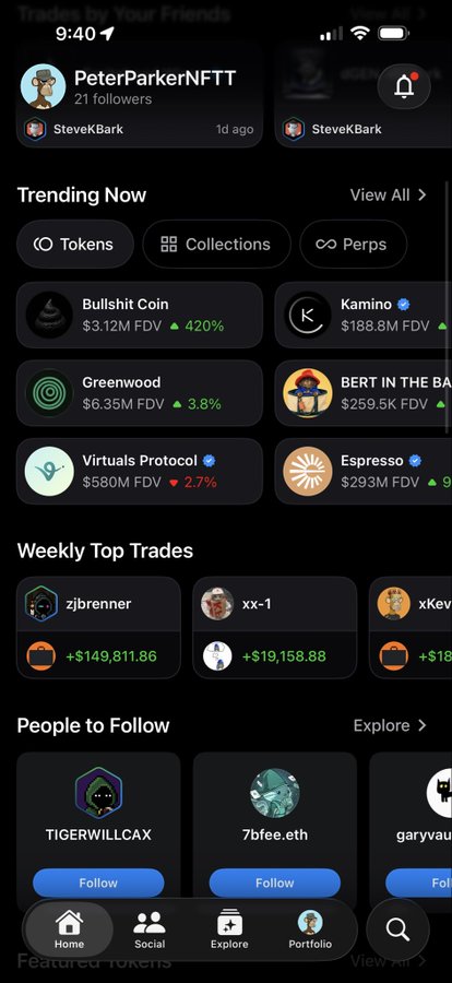 A mobile app screenshot showing a crypto trading platform with trending tokens like "Bullshit Coin" up 420% and "Greenwood" up 3.8%, alongside a "Weekly Top Trades" section featuring @zjbrenner with a profit of +$149,811.86, which directly illustrates the braggadocious trading performance the poster is lamenting about.